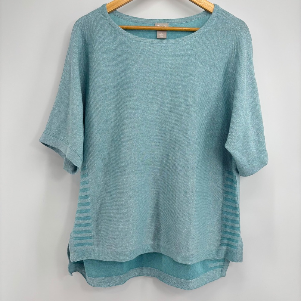 Chicos Tunic Top Linen Blend Short Sleeve Size 2 Large Aqua Shimmer